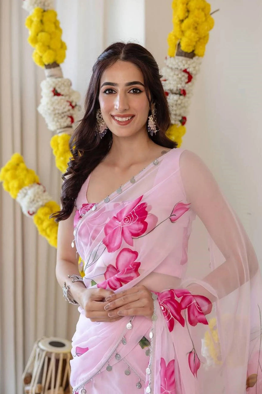 Pink Floral Faux Georgette Ready-to-Wear Saree with Frill Pallu for Women