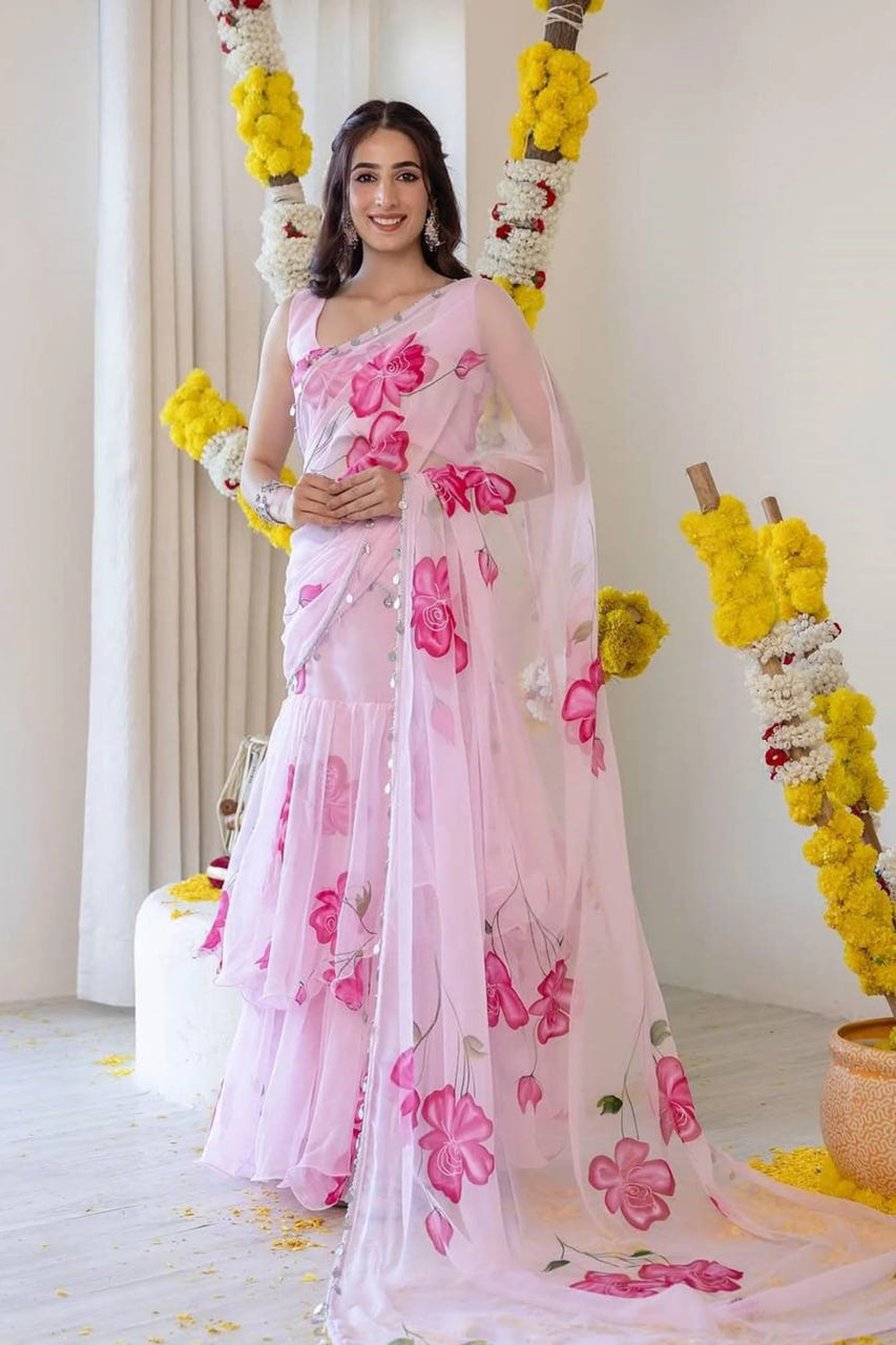 Pink Floral Faux Georgette Ready-to-Wear Saree with Frill Pallu for Women