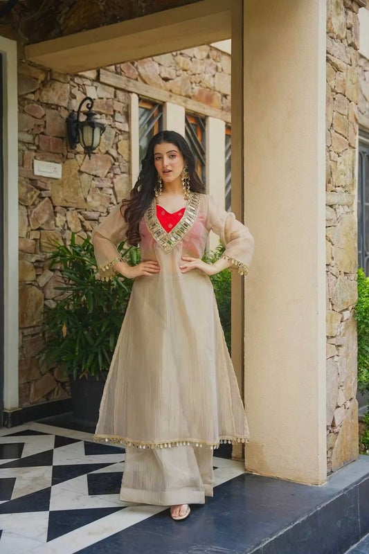 Ivory Salsa Silk Kurta Set with Real Mirror Work & Palazzo | Festive & Wedding Wear
