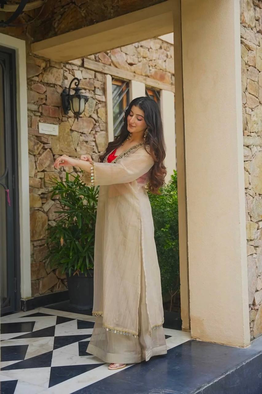 Ivory Salsa Silk Kurta Set with Real Mirror Work & Palazzo | Festive & Wedding Wear