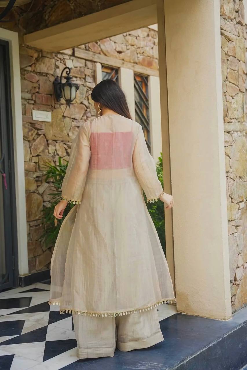 Ivory Salsa Silk Kurta Set with Real Mirror Work & Palazzo | Festive & Wedding Wear