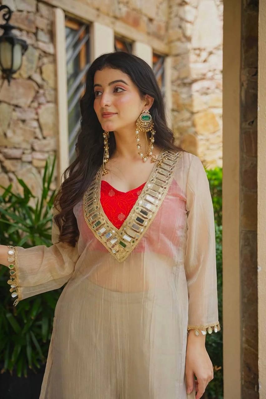 Ivory Salsa Silk Kurta Set with Real Mirror Work & Palazzo | Festive & Wedding Wear
