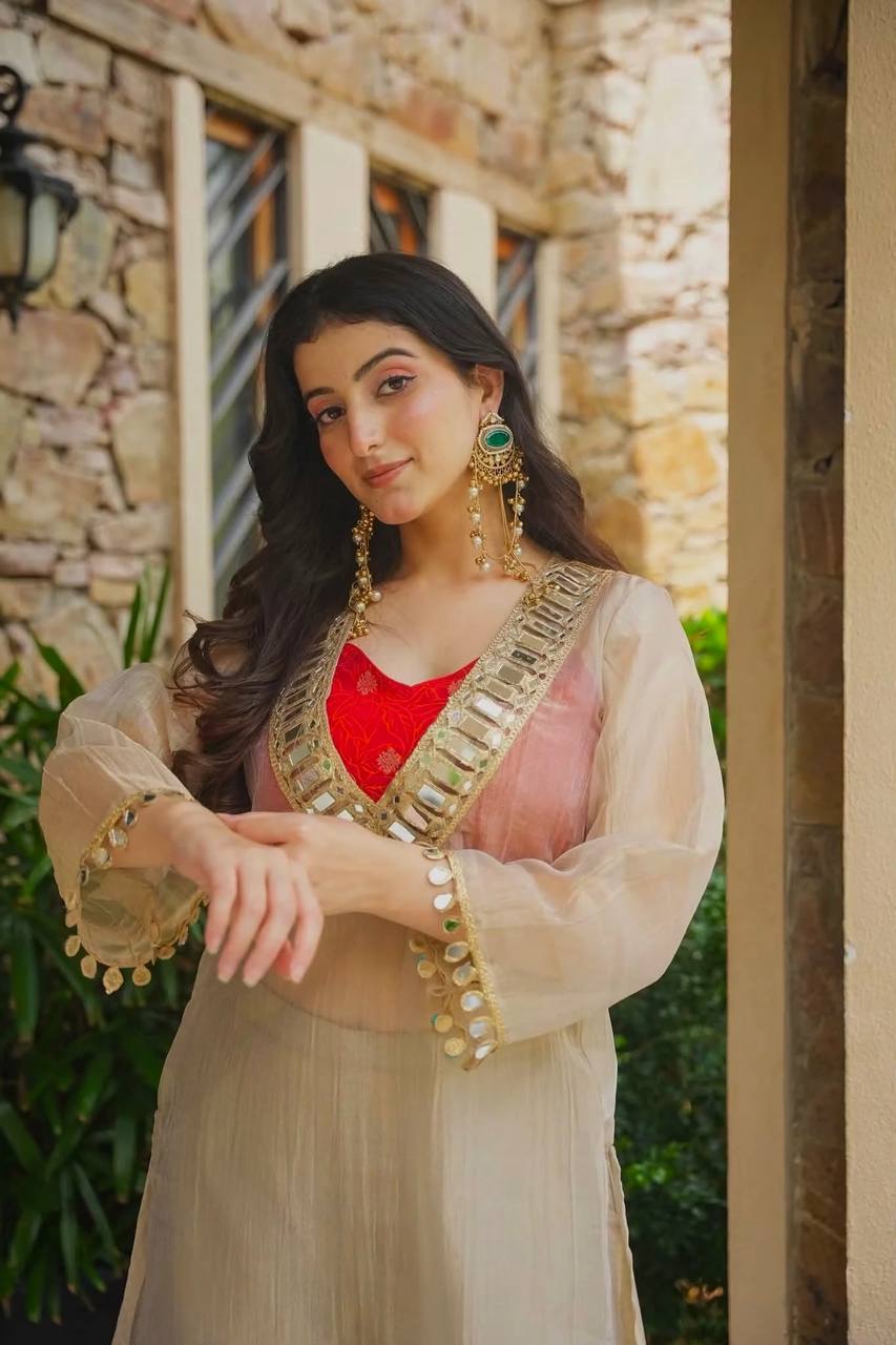 Ivory Salsa Silk Kurta Set with Real Mirror Work & Palazzo | Festive & Wedding Wear