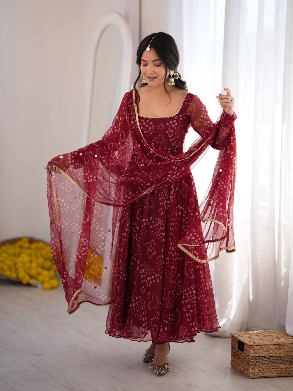 Maroon Digital Printed Anarkali Suit Set with Real Mirror Work Dupatta | 7 Meter Flare Festive & Diwali Wear