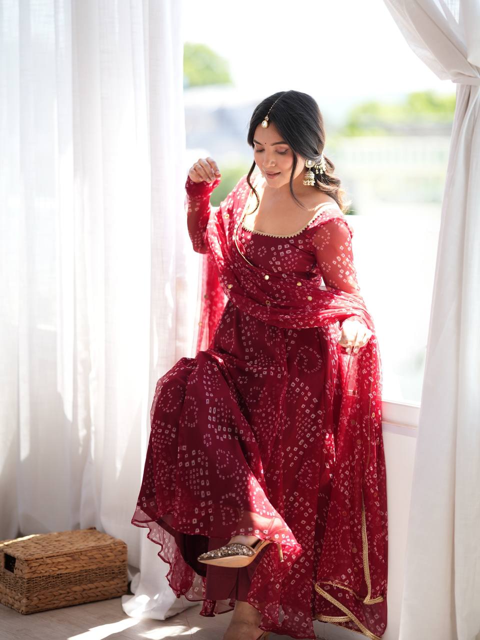 Maroon Digital Printed Anarkali Suit Set with Real Mirror Work Dupatta | 7 Meter Flare Festive & Diwali Wear