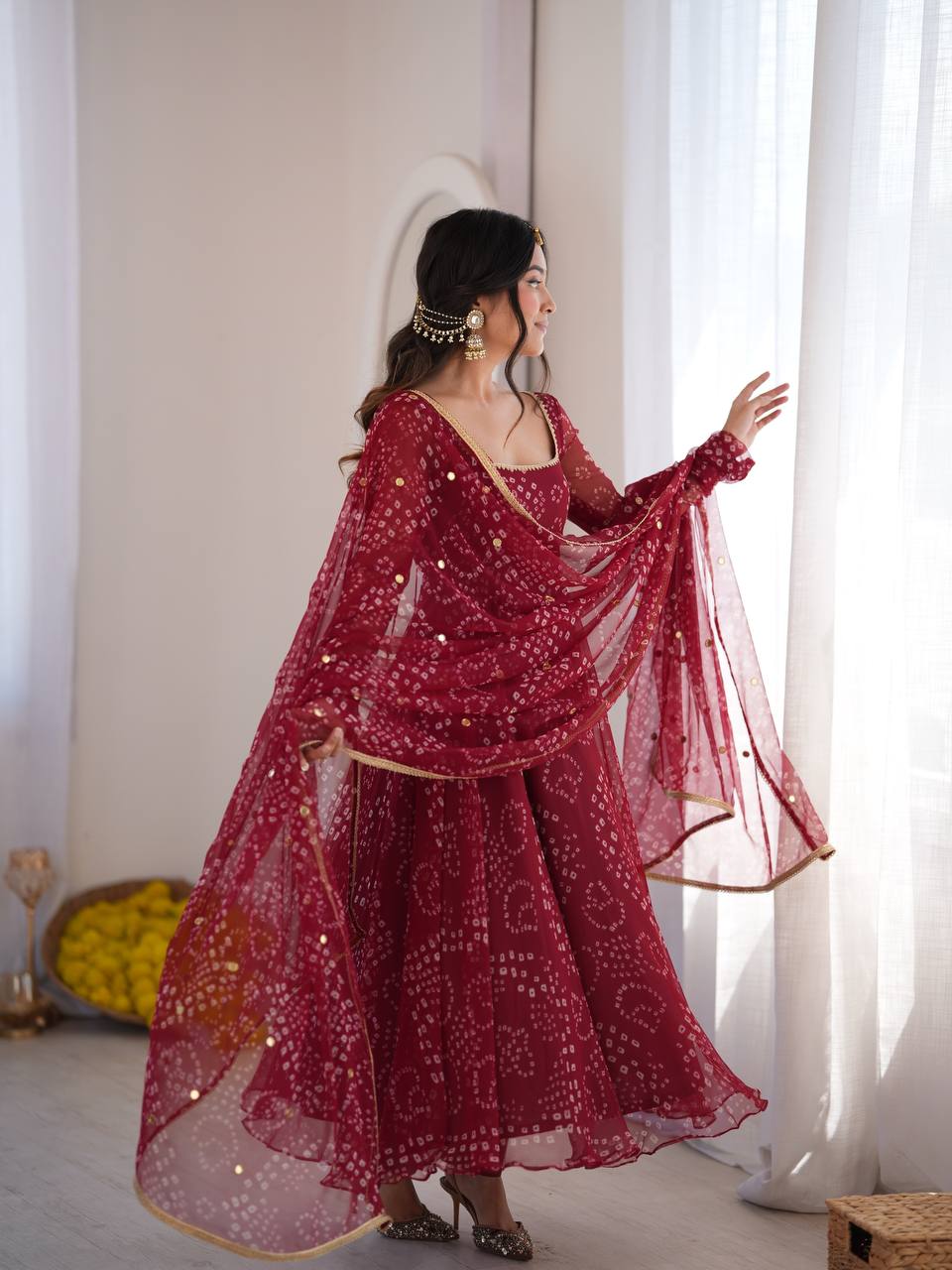 Maroon Digital Printed Anarkali Suit Set with Real Mirror Work Dupatta | 7 Meter Flare Festive & Diwali Wear