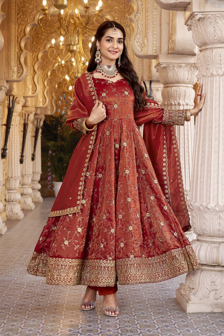 Premium Maroon Heavy Embroidered Anarkali Suit Set with Dupatta for Women | 3mm Sequin & Semi Bits Work Wedding & Festive Wear