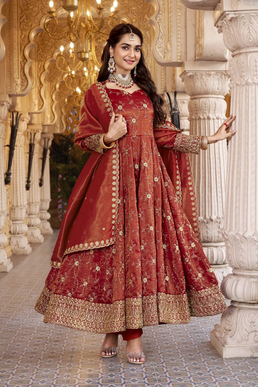 Premium Maroon Heavy Embroidered Anarkali Suit Set with Dupatta for Women | 3mm Sequin & Semi Bits Work Wedding & Festive Wear