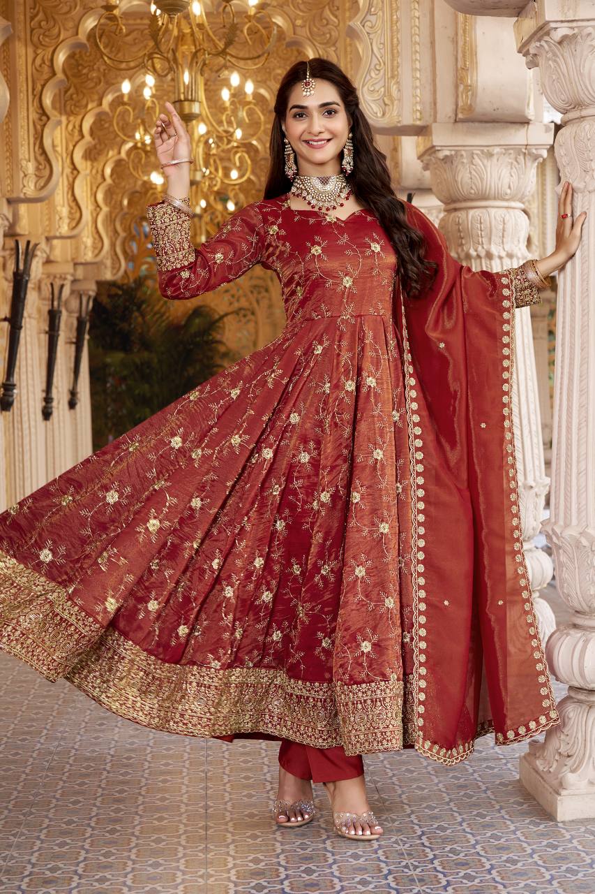 Premium Maroon Heavy Embroidered Anarkali Suit Set with Dupatta for Women | 3mm Sequin & Semi Bits Work Wedding & Festive Wear