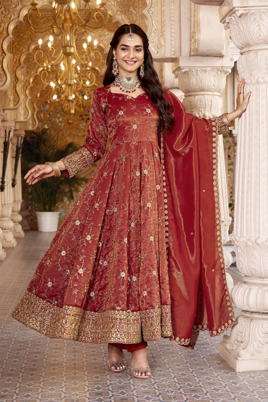Premium Maroon Heavy Embroidered Anarkali Suit Set with Dupatta for Women | 3mm Sequin & Semi Bits Work Wedding & Festive Wear