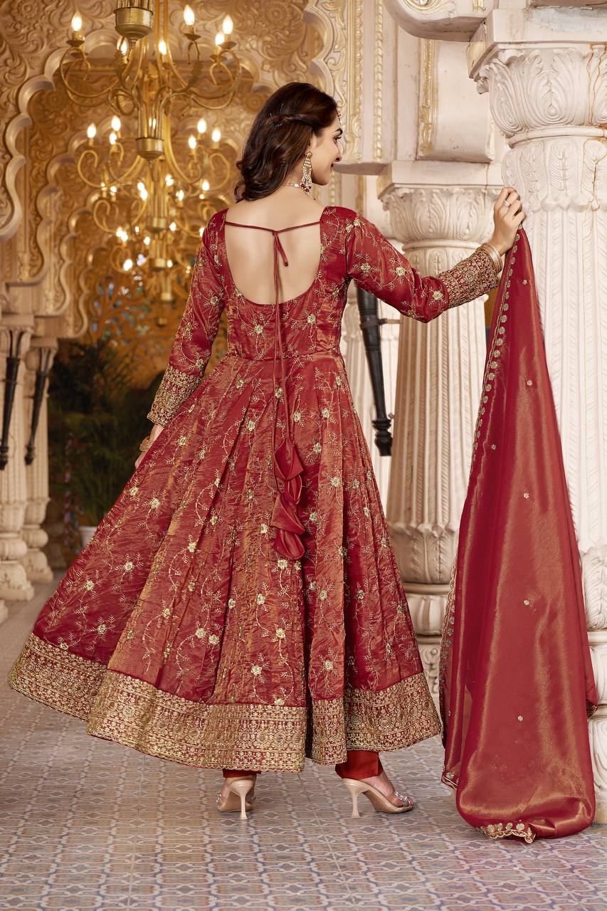 Premium Maroon Heavy Embroidered Anarkali Suit Set with Dupatta for Women | 3mm Sequin & Semi Bits Work Wedding & Festive Wear