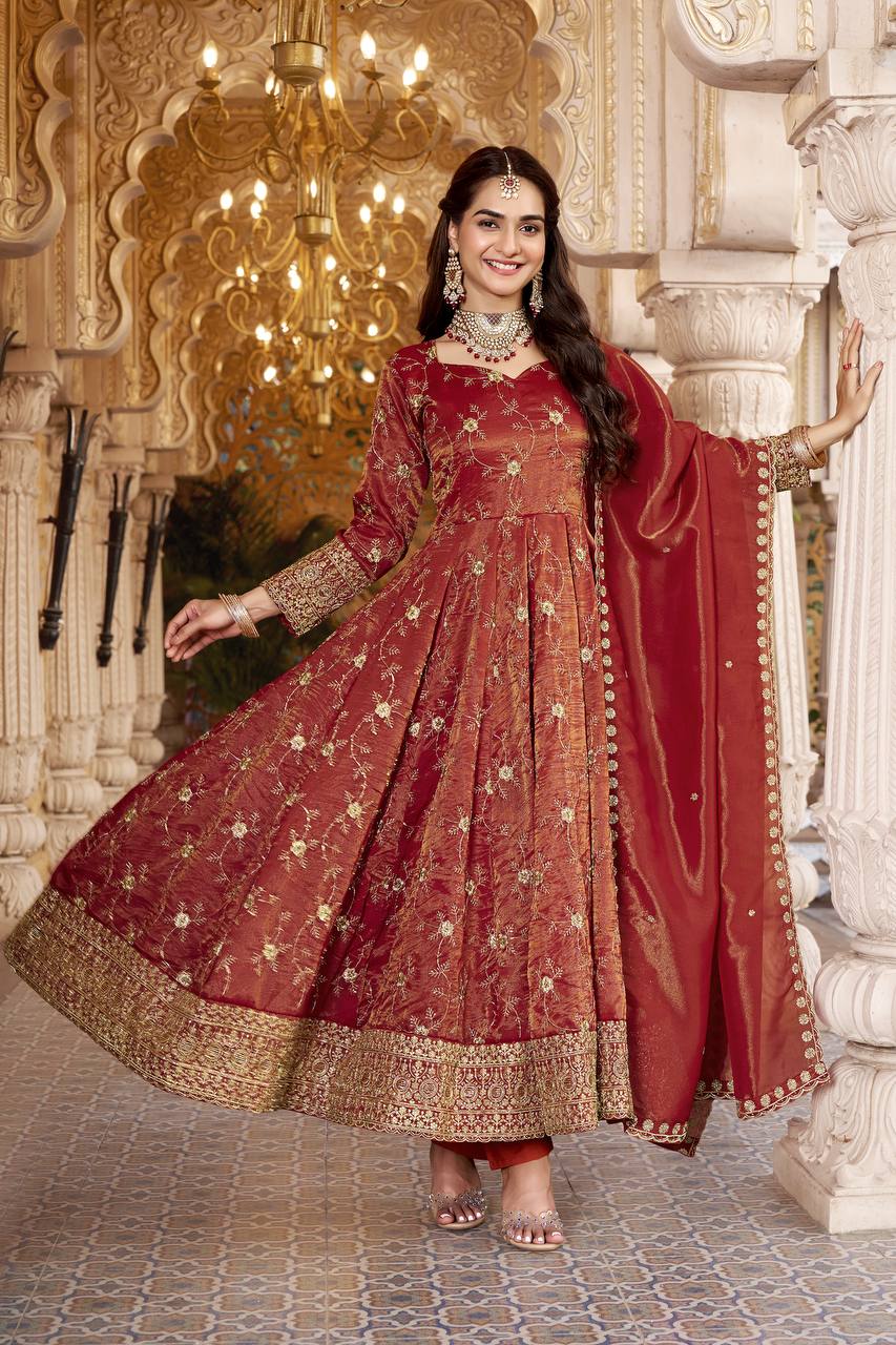 Premium Maroon Heavy Embroidered Anarkali Suit Set with Dupatta for Women | 3mm Sequin & Semi Bits Work Wedding & Festive Wear