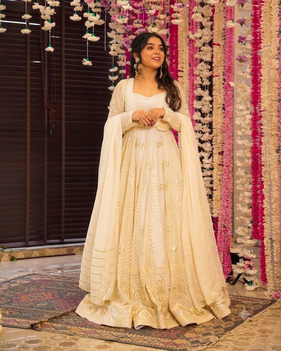 Off White Fox Georgette Anarkali Suit Set with Dupatta | Heavy Sequin Embroidery | Party & Wedding Wear