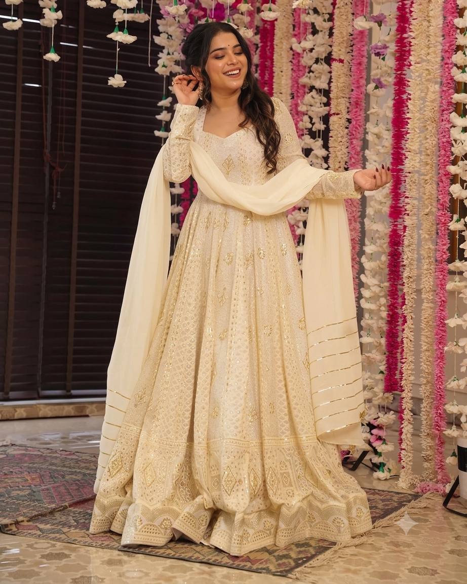 Off White Fox Georgette Anarkali Suit Set with Dupatta | Heavy Sequin Embroidery | Party & Wedding Wear