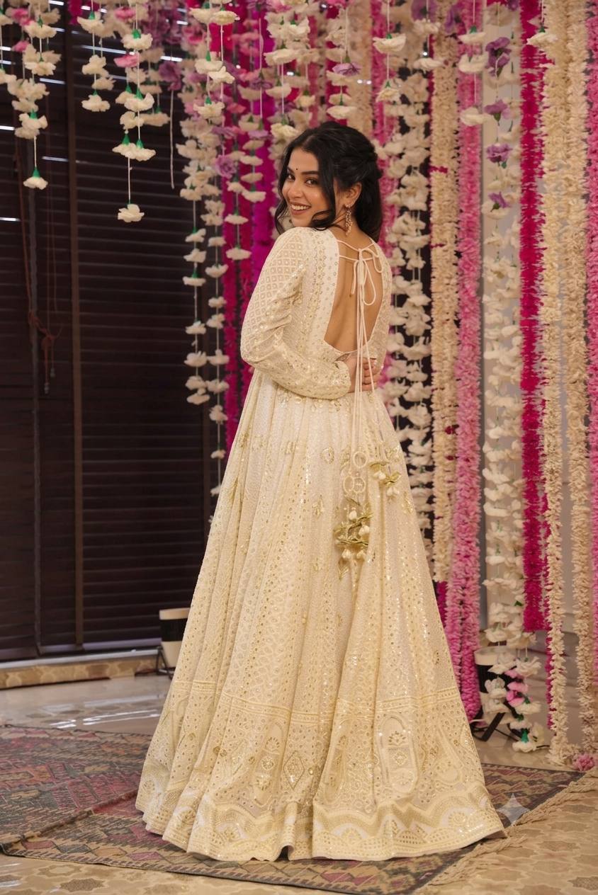 Off White Fox Georgette Anarkali Suit Set with Dupatta | Heavy Sequin Embroidery | Party & Wedding Wear