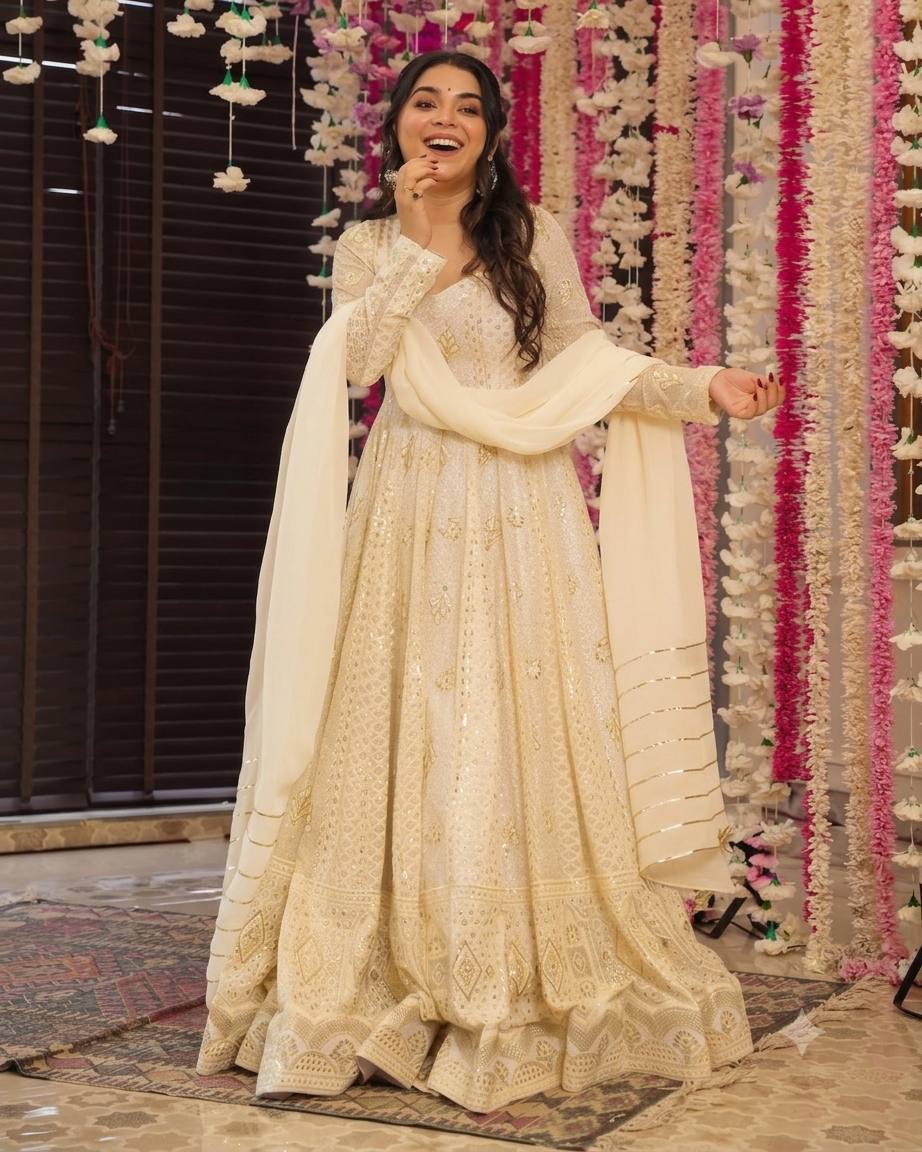Off White Fox Georgette Anarkali Suit Set with Dupatta | Heavy Sequin Embroidery | Party & Wedding Wear