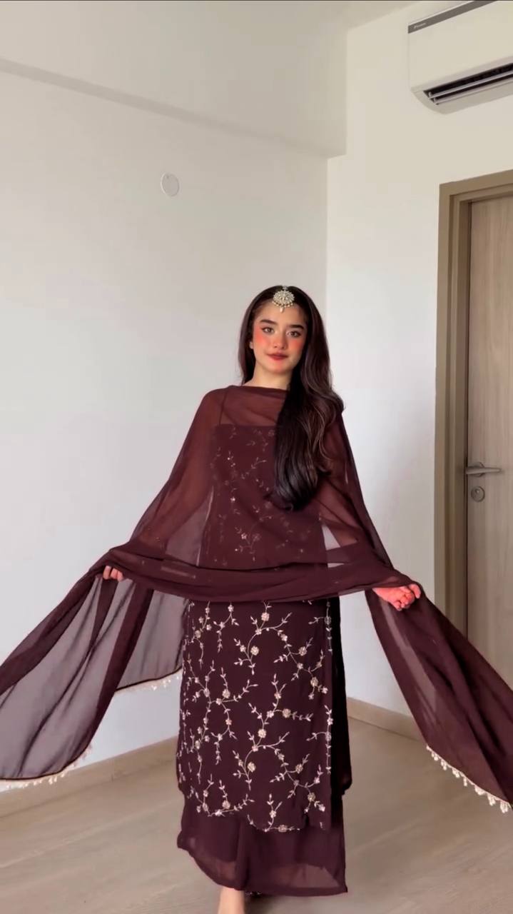 Chocolate Brown Embroidered Georgette Co-Ord Suit Set with Sequin Work & Lace Dupatta | Party & Wedding Wear
