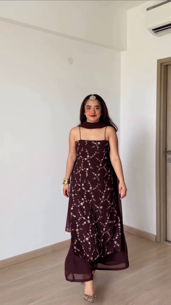 Chocolate Brown Embroidered Georgette Co-Ord Suit Set with Sequin Work & Lace Dupatta | Party & Wedding Wear