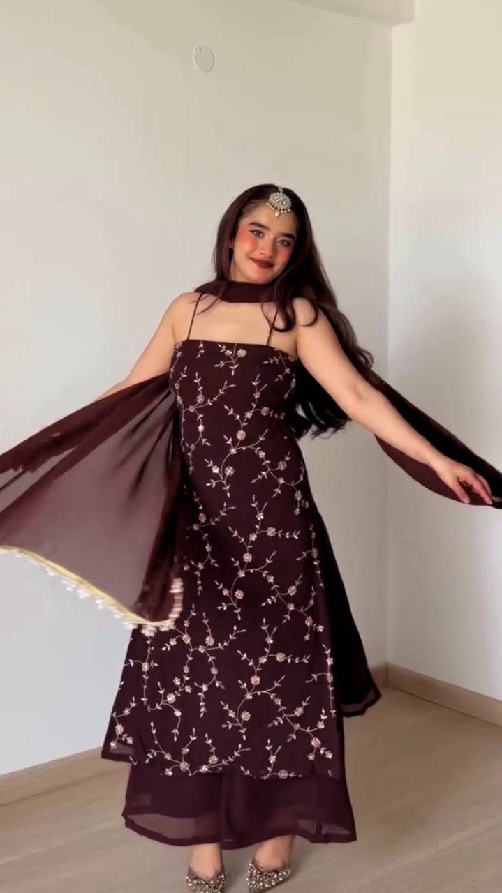 Chocolate Brown Embroidered Georgette Co-Ord Suit Set with Sequin Work & Lace Dupatta | Party & Wedding Wear