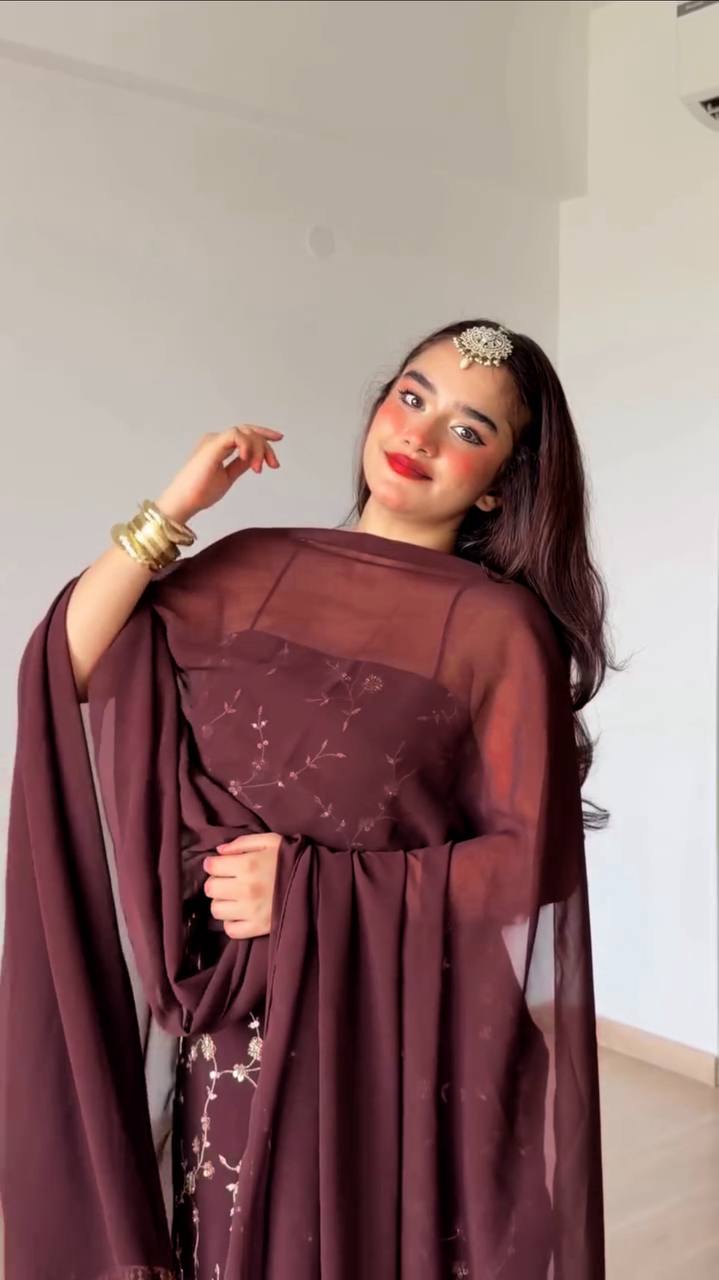 Chocolate Brown Embroidered Georgette Co-Ord Suit Set with Sequin Work & Lace Dupatta | Party & Wedding Wear