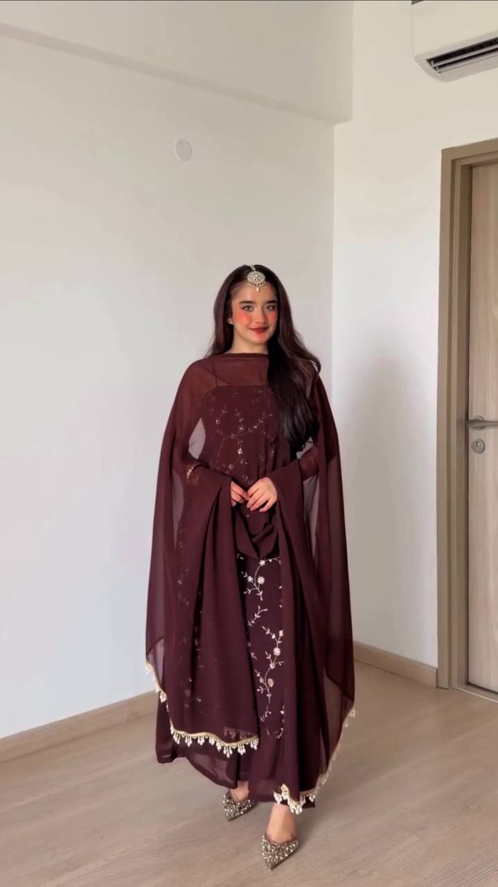 Chocolate Brown Embroidered Georgette Co-Ord Suit Set with Sequin Work & Lace Dupatta | Party & Wedding Wear
