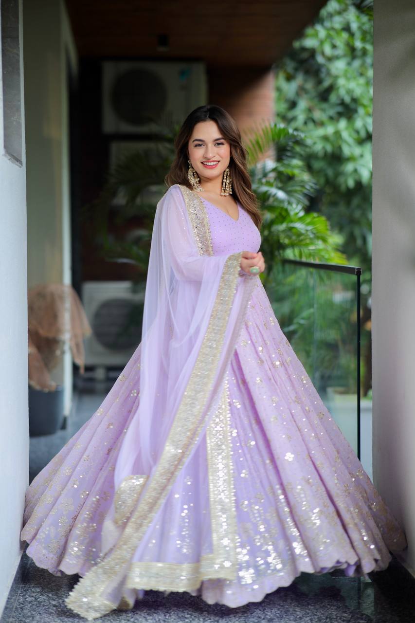 Lavender Anarkali Suit Set for Women with Dupatta | Sequin & Zari Embroidery