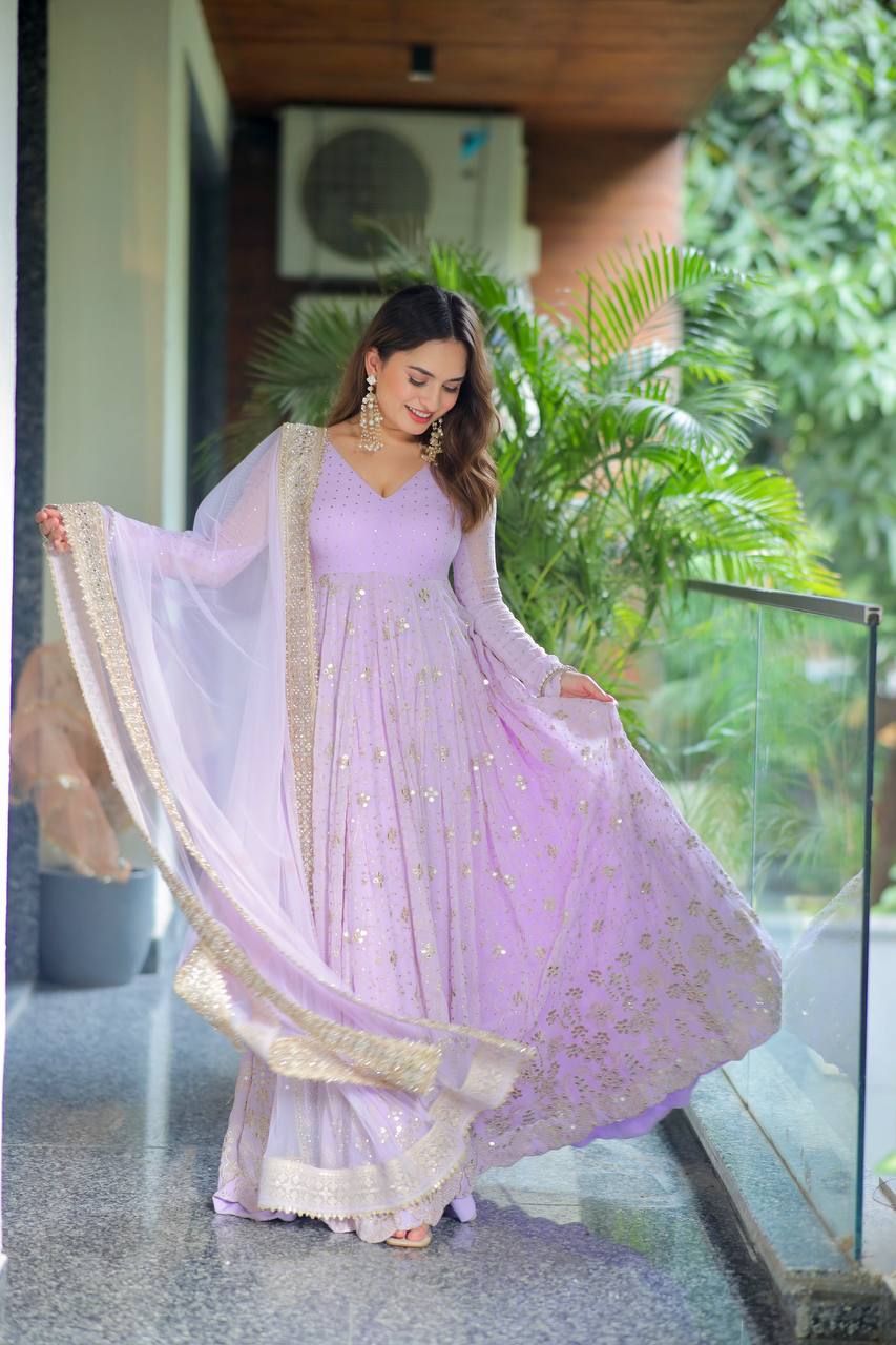 Lavender Anarkali Suit Set for Women with Dupatta | Sequin & Zari Embroidery