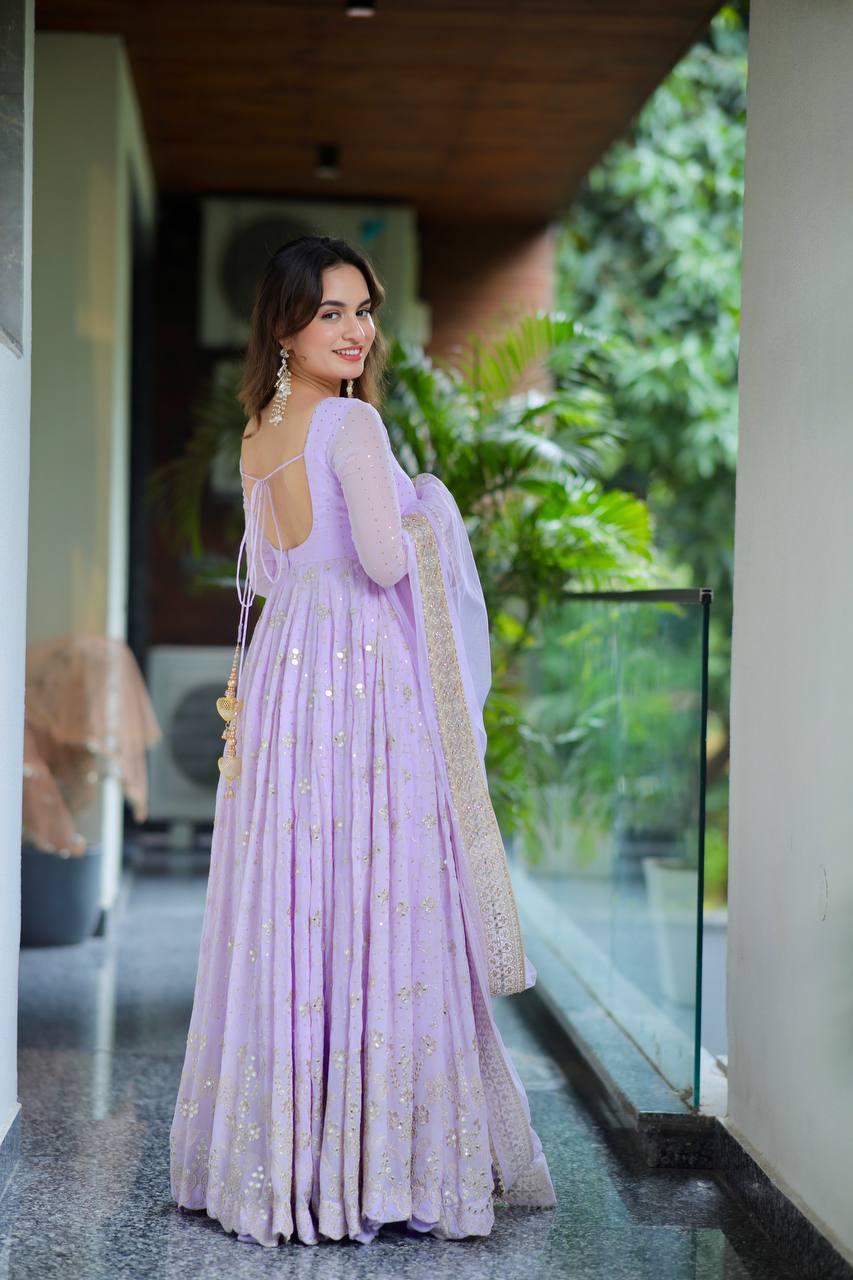 Lavender Anarkali Suit Set for Women with Dupatta | Sequin & Zari Embroidery