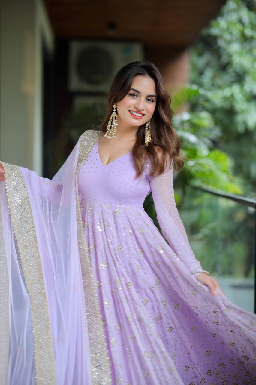 Lavender Anarkali Suit Set for Women with Dupatta | Sequin & Zari Embroidery