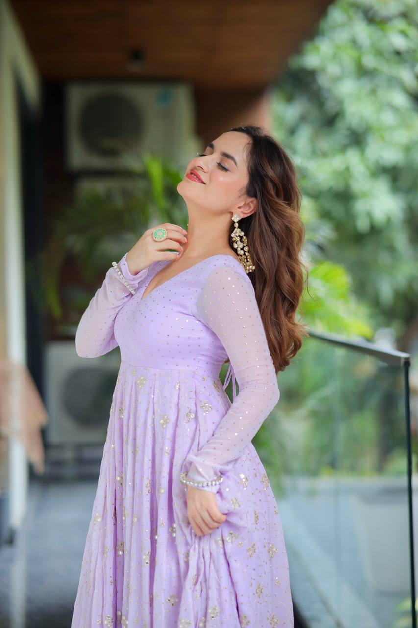 Lavender Anarkali Suit Set for Women with Dupatta | Sequin & Zari Embroidery