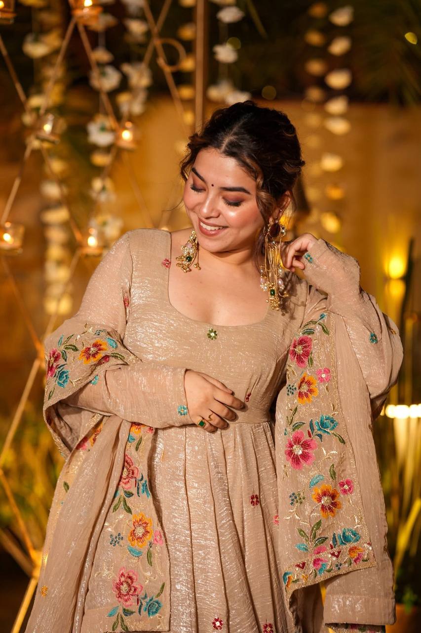 Wedding Wear Beige Floral Embroidered Anarkali Gown Sharara Set in Soft Crunchy Silk with Dupatta