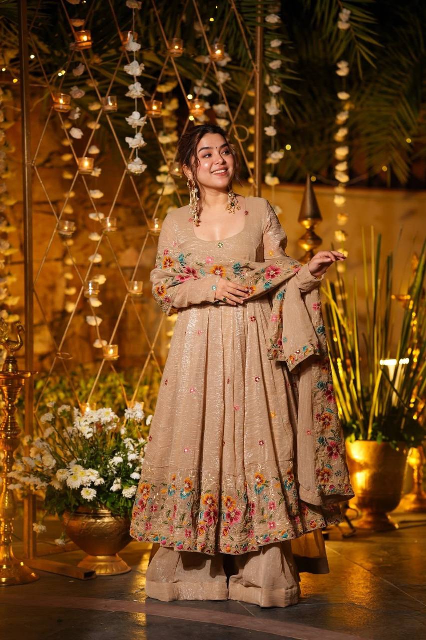Wedding Wear Beige Floral Embroidered Anarkali Gown Sharara Set in Soft Crunchy Silk with Dupatta