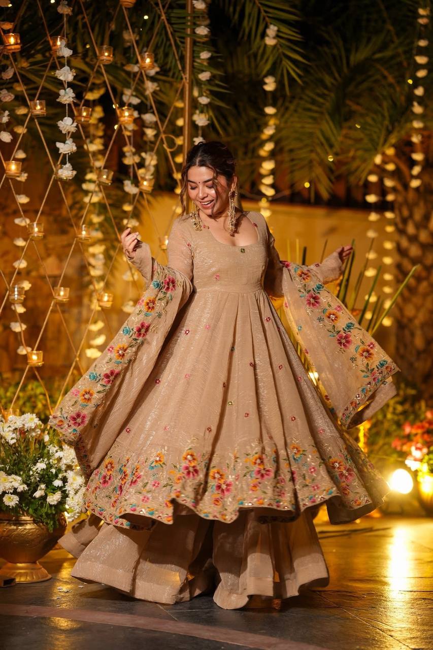 Wedding Wear Beige Floral Embroidered Anarkali Gown Sharara Set in Soft Crunchy Silk with Dupatta