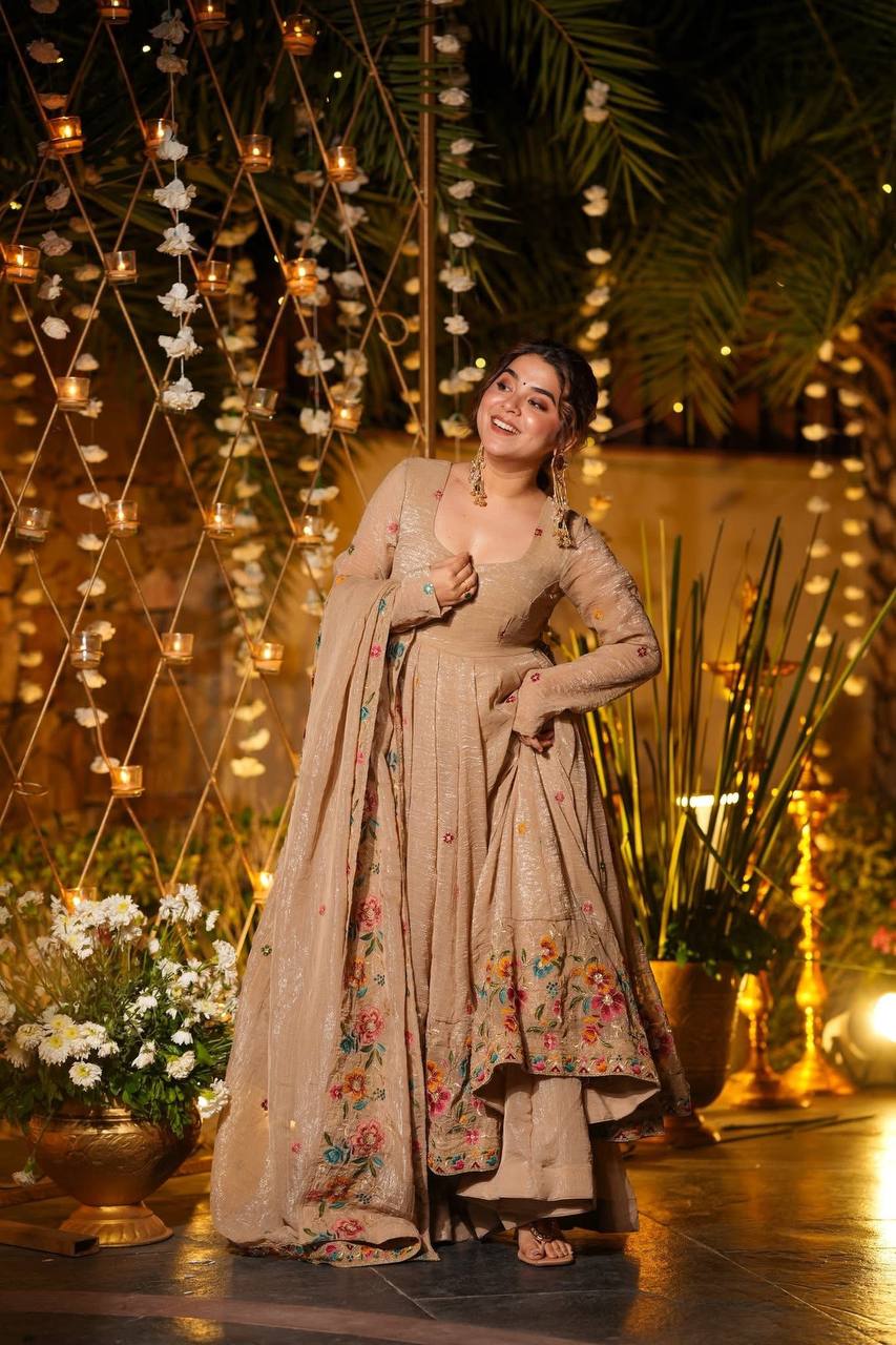 Wedding Wear Beige Floral Embroidered Anarkali Gown Sharara Set in Soft Crunchy Silk with Dupatta