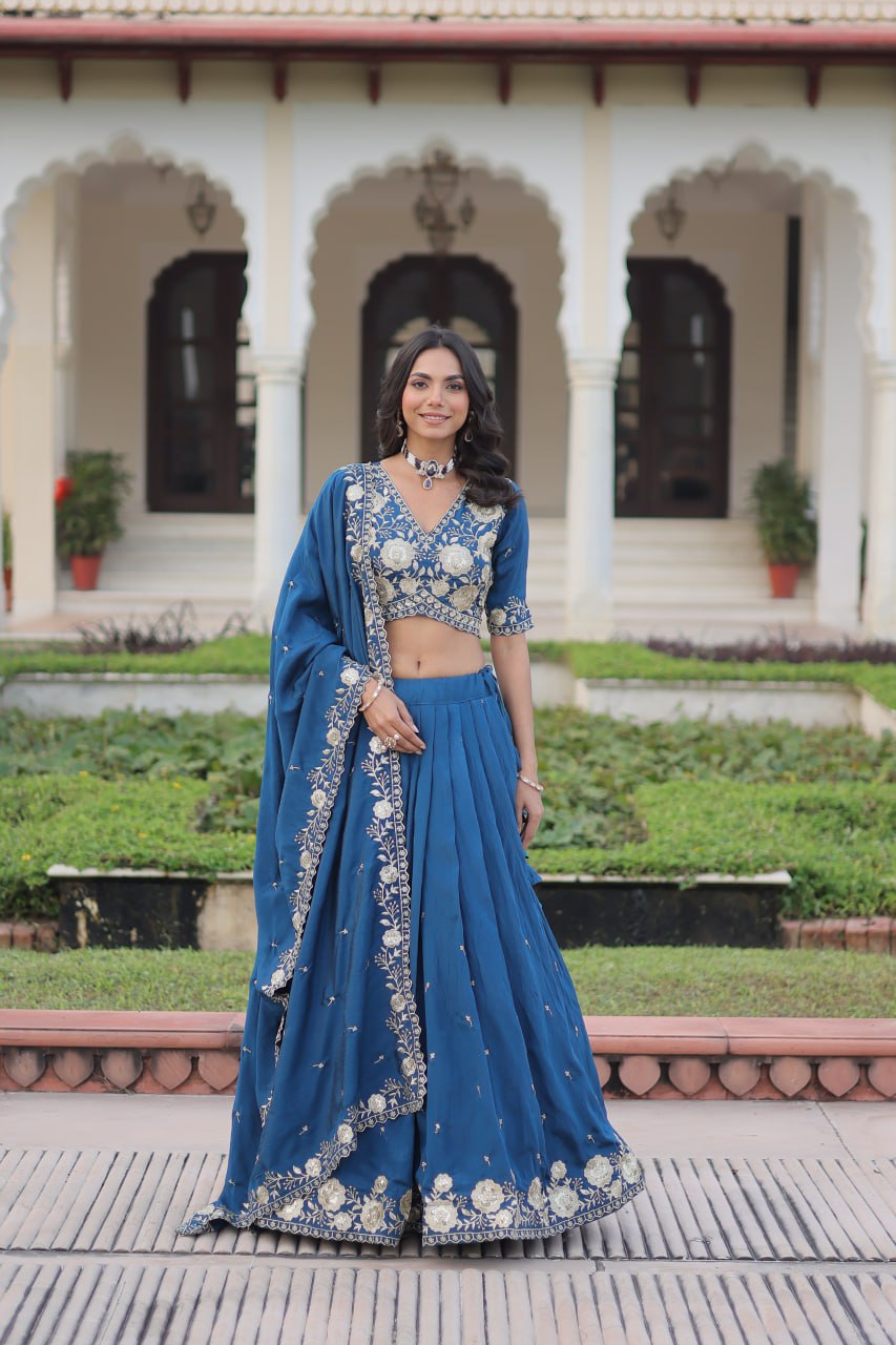 Royal Blue Vichitra Silk Lehenga Choli Set with Heavy Sequin & Thread Embroidery