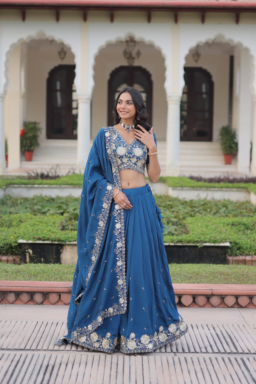 Royal Blue Vichitra Silk Lehenga Choli Set with Heavy Sequin & Thread Embroidery