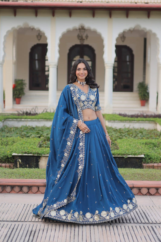 Royal Blue Vichitra Silk Lehenga Choli Set with Heavy Sequin & Thread Embroidery