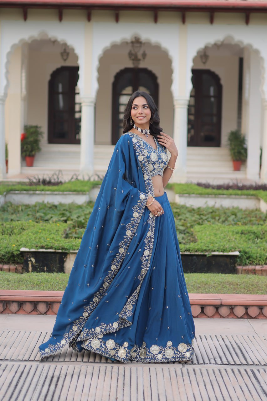 Royal Blue Vichitra Silk Lehenga Choli Set with Heavy Sequin & Thread Embroidery