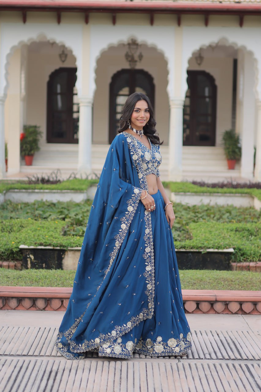 Royal Blue Vichitra Silk Lehenga Choli Set with Heavy Sequin & Thread Embroidery