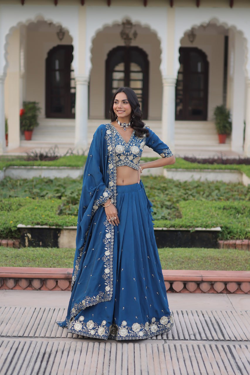 Royal Blue Vichitra Silk Lehenga Choli Set with Heavy Sequin & Thread Embroidery