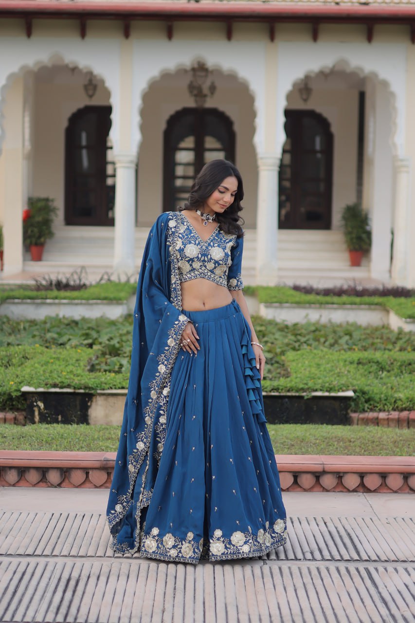 Royal Blue Vichitra Silk Lehenga Choli Set with Heavy Sequin & Thread Embroidery