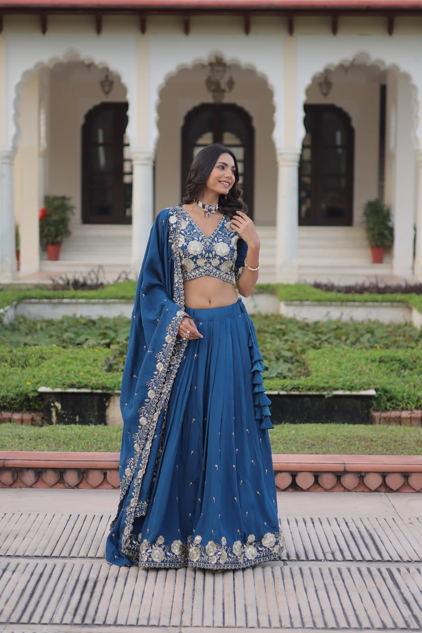 Royal Blue Vichitra Silk Lehenga Choli Set with Heavy Sequin & Thread Embroidery