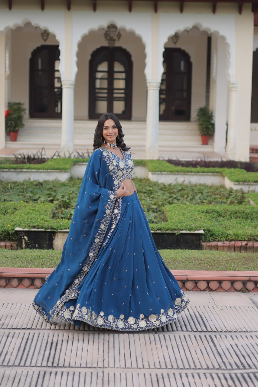 Royal Blue Vichitra Silk Lehenga Choli Set with Heavy Sequin & Thread Embroidery
