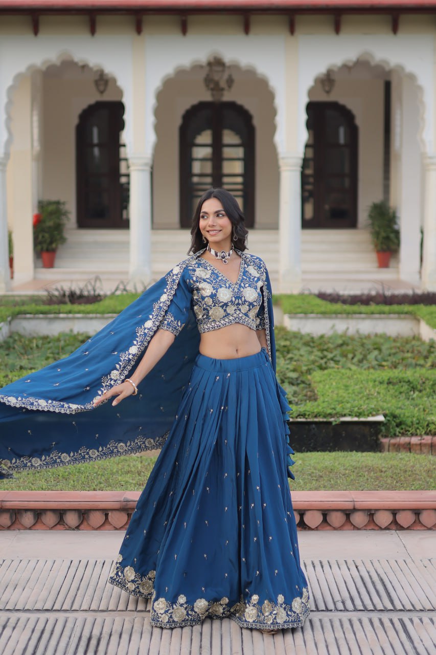 Royal Blue Vichitra Silk Lehenga Choli Set with Heavy Sequin & Thread Embroidery