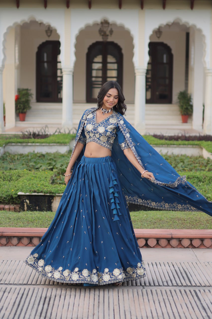 Royal Blue Vichitra Silk Lehenga Choli Set with Heavy Sequin & Thread Embroidery