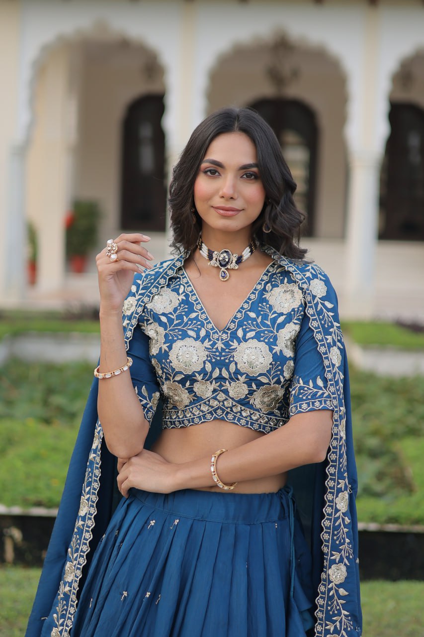 Royal Blue Vichitra Silk Lehenga Choli Set with Heavy Sequin & Thread Embroidery