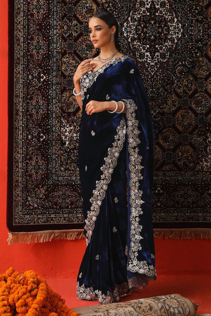 Navy Blue Viscose Velvet Designer Saree with Heavy Thread & Sequin Embroidery