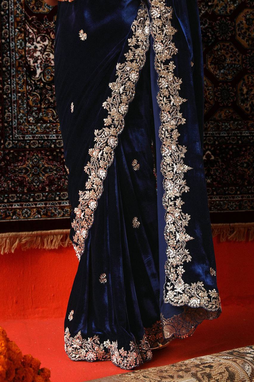 Navy Blue Viscose Velvet Designer Saree with Heavy Thread & Sequin Embroidery