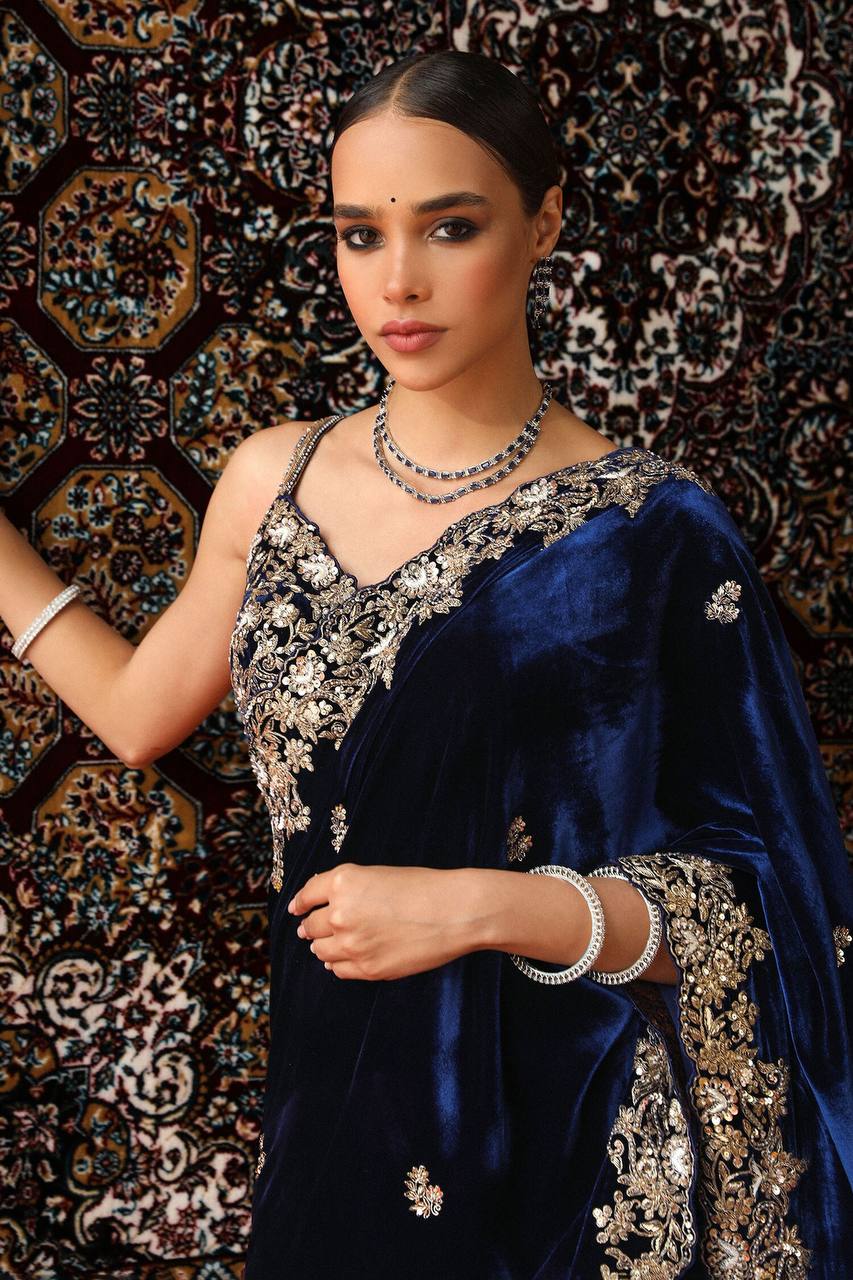 Navy Blue Viscose Velvet Designer Saree with Heavy Thread & Sequin Embroidery