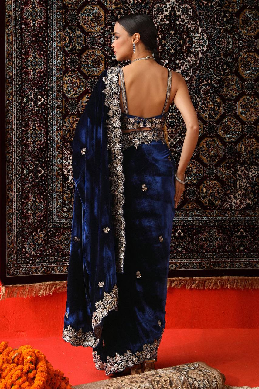 Navy Blue Viscose Velvet Designer Saree with Heavy Thread & Sequin Embroidery